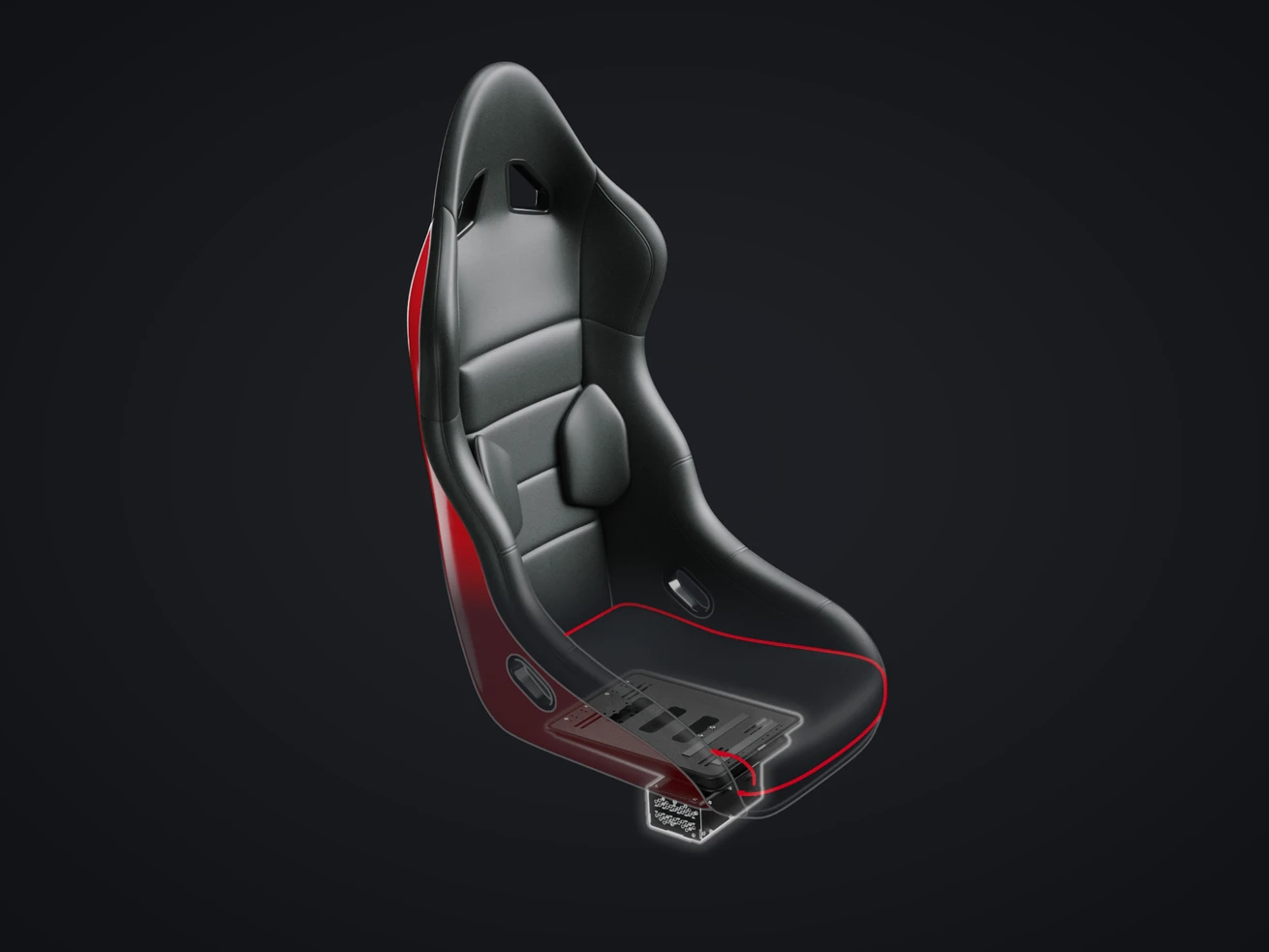 QS-GC3 in a bucket seat: the cushion seen through, the two plates and the actuator under it